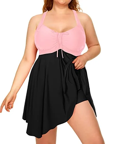 Women's Retro Elegant Skirted Plus Size Two Piece Swimdress-Pink And Black Vintage Swimwear Look