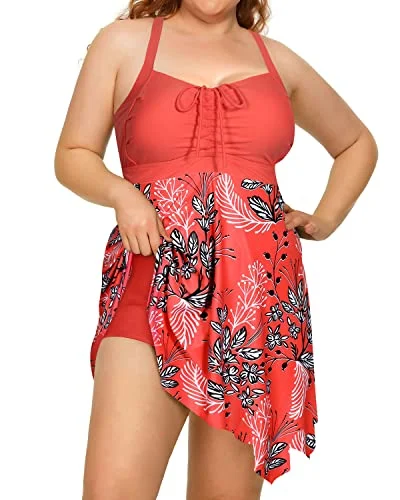 Elegant Skirted Tummy Control Two Piece Swimdress Boyshorts For Women-Pink Flower Sleek Racerback Swimsuit