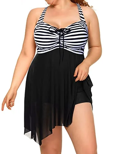 Sexy Criss-Cross Open Back Mesh Swim Dress For Women-Black And White Stripe Ruched Swimwear Set