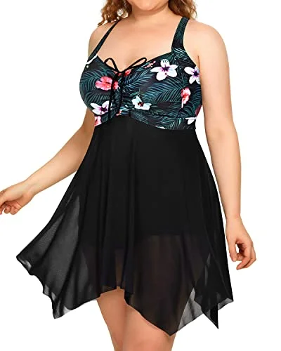 Irregular Hem Mesh Swim Dress Boyshorts Long Torso Swimsuits-Black Floral Stylish Beachwear Set