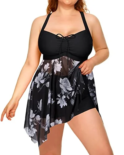 Retro Mesh Long Torso Swimsuits Tankini Two Piece Swim Dress-Black Comfortable Swim Dress