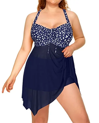 Flowy Hem Mesh Tankini Two Piece Swim Dress Long Torso Swimsuits-Blue Dot High-Cut One-Piece