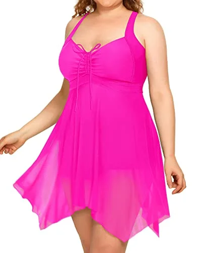 Plus Size Criss-Cross Open Back Two Piece Swim Dress-Neon Pink High-Waisted Swimwear