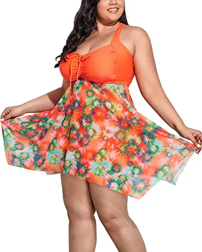 Mesh Tankini Swim Dress Boyshorts For Plus Size Women-Orange Push-Up Bikini Top