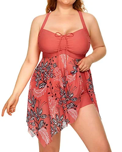 Flowy Mesh Tankini Plus Size Swimdress Boyshorts-Pink Flower Vibrant Bikini Bottoms