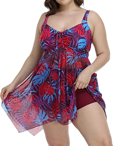 Retro Mesh Two Piece Swim Dress Boyshorts For Plus Size Women-Purple Leaf Classic Monokini Design