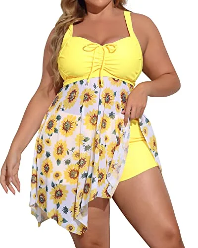 Slimming Ruffled Plus Size Two Piece Swimdress Beach Cover Up Dresses-Sunflower Sexy Cutout Swimsuit