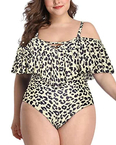 Versatile Lace-Up Cold Shoulder Plus Size Swimsuits-Leopard Tropical Print Bikini