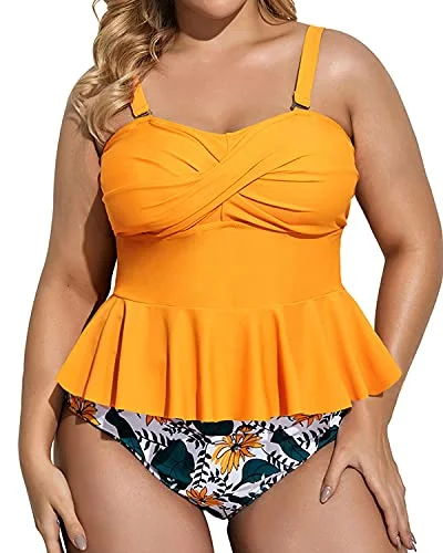 Adjustable Strap Twist Front Two Piece Tankini Set-Yellow Floral Trendy Swimsuit Bottoms