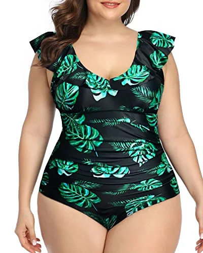 Tummy Control Plus Size One Piece Swimsuits-Black And Green Leaf High-Waist Bikini Set