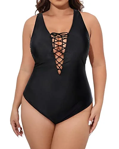 Plunging Lace-Up Plus Size One Piece Swimsuits For Women-Black Cross-Back Bikini