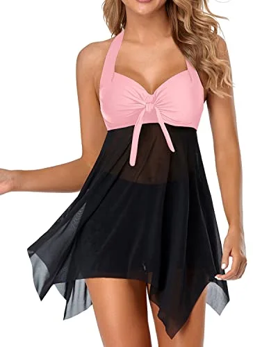 Women's Swim Dress Skirt Two Piece Mesh Halter Bathing Suit Strap Bikini Set