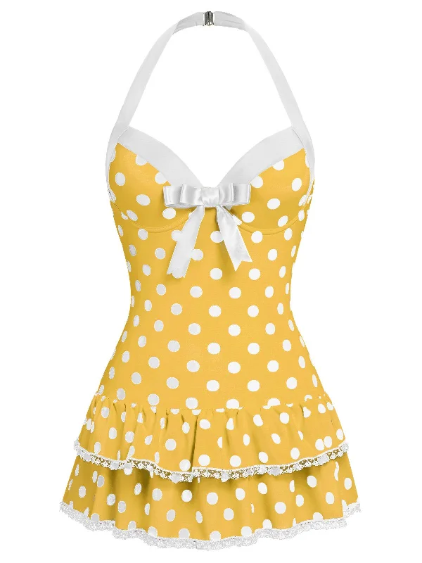 Yellow 1940s Halter Polka Dots Bow Swimsuit Classic One-Piece