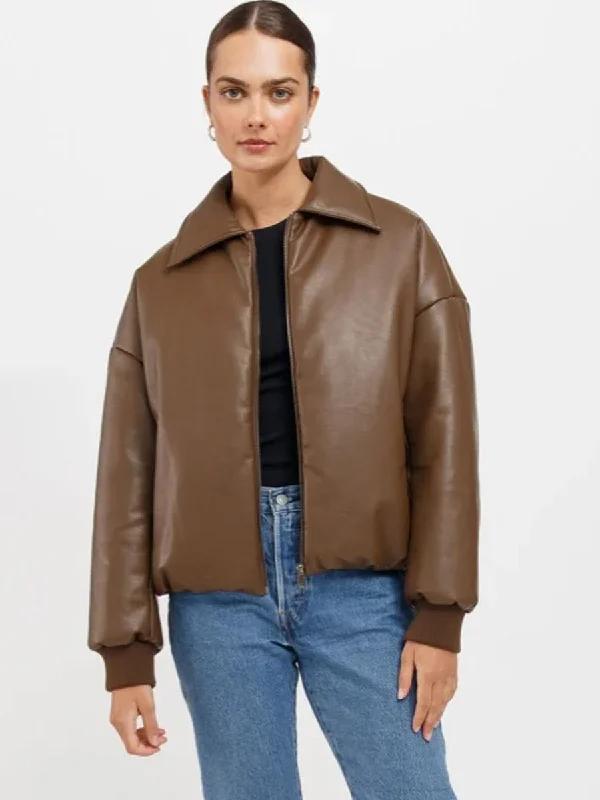 BRUNETTE THE LABEL MIRIAM VEGAN LEATHER BOMBER JACKET - CHOCOLATE BROWN Toggled Jacket Drawstring Jacket Belted Jacket