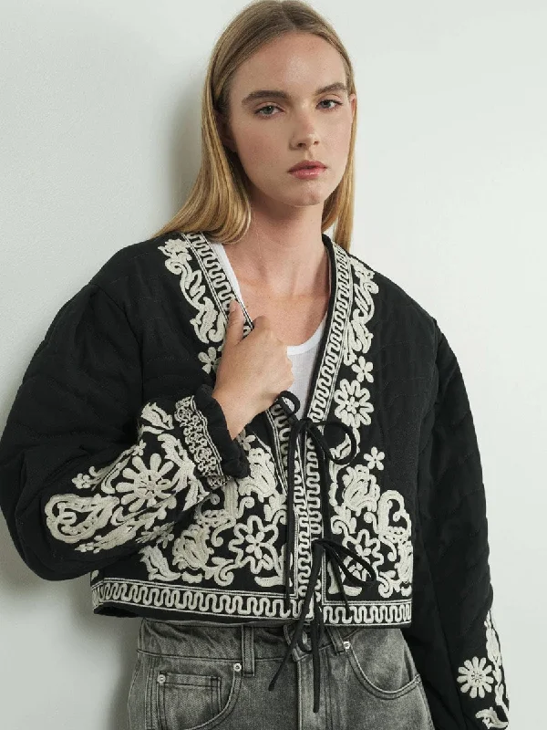 EMBROIDERED PUFF SLEEVE JACKET WITH TIE - BLACK Corduroy Jacket Velvet Jacket Brocade Jacket