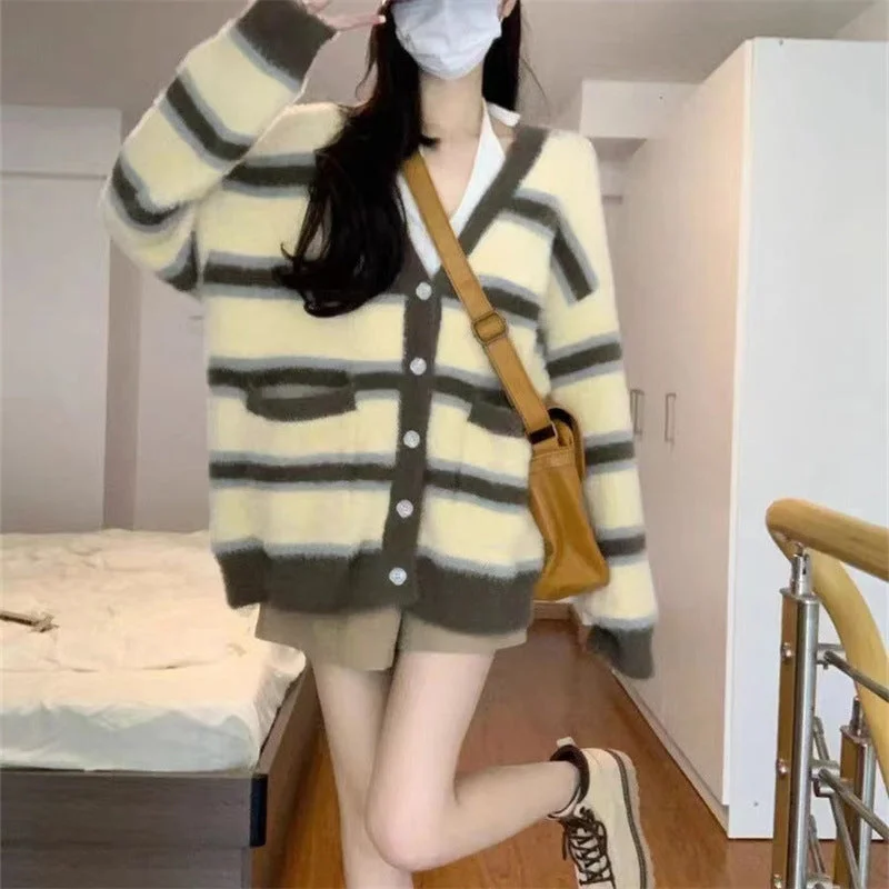 NiDELL Preppy Style Retro Loose Soft Glutinous Striped V-neck Sweater Women's Autumn and Winter New Design Sense Niche Cardigan Jacket Trench Coat Raincoat Waterproof Jacket