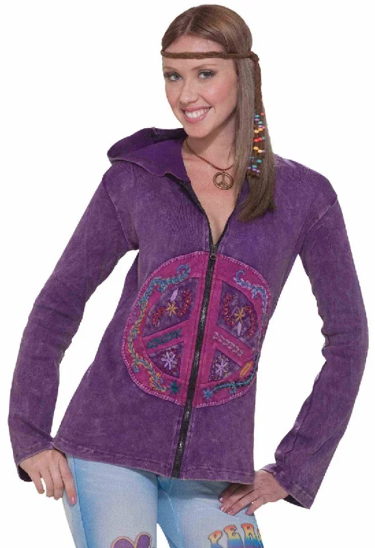 Hippie Womens Purple Peace Sign Costume Jacket Ribbed Jacket Pleated Jacket Ruffled Jacket