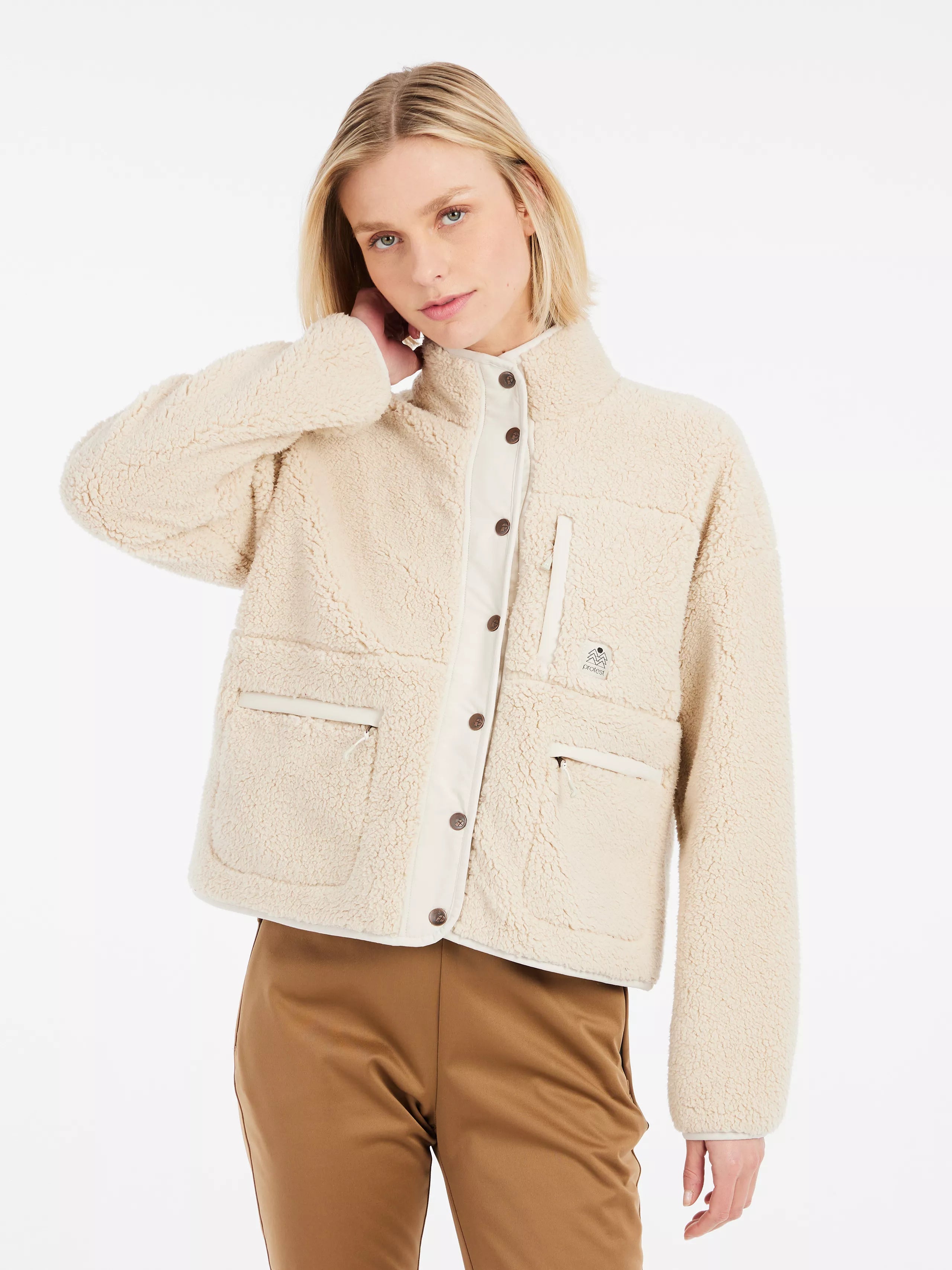 PRTLux Outdoor Full Zip Top Fleece Jacket - Off White Front Pockets Side Pockets Patch Pockets