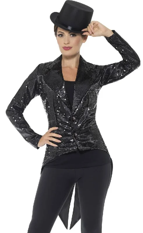 Showgirl Womens Black Sequin Tailcoat Costume Jacket Insulated Jacket Fitted Jacket Loose Jacket