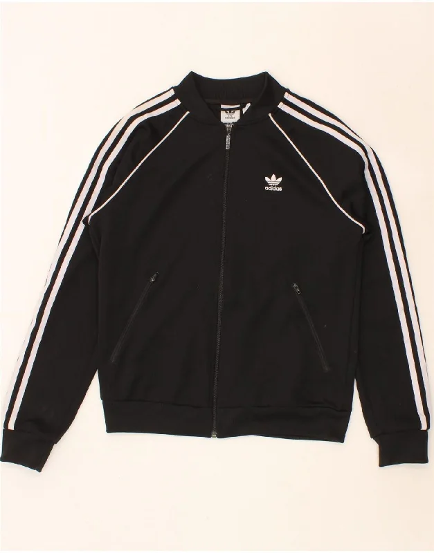 ADIDAS Womens Tracksuit Top Jacket UK 10 Small Black Polyester Denim Fabric Leather Fabric Suede Fabric