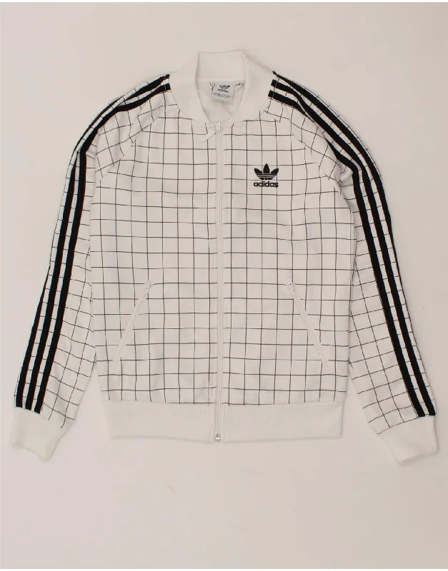 ADIDAS Womens Tracksuit Top Jacket UK 4 XS White Check Polyester V-Neck Jacket Boat Neck Jacket Square Neck Jacket