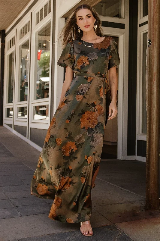 Agnes Satin Maxi Dress | Olive Floral Stylish Boho Maxi Dress