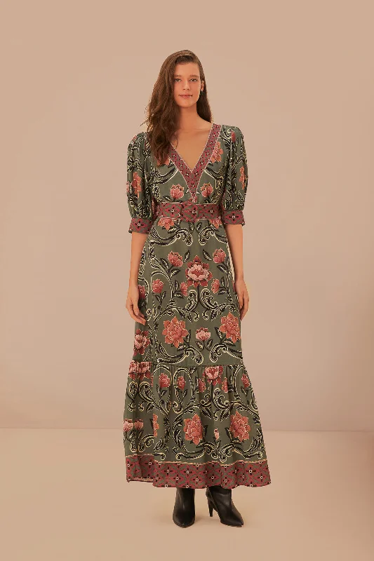 Arabesque Floral Green Maxi Dress Elegant Lace Maxi Dress