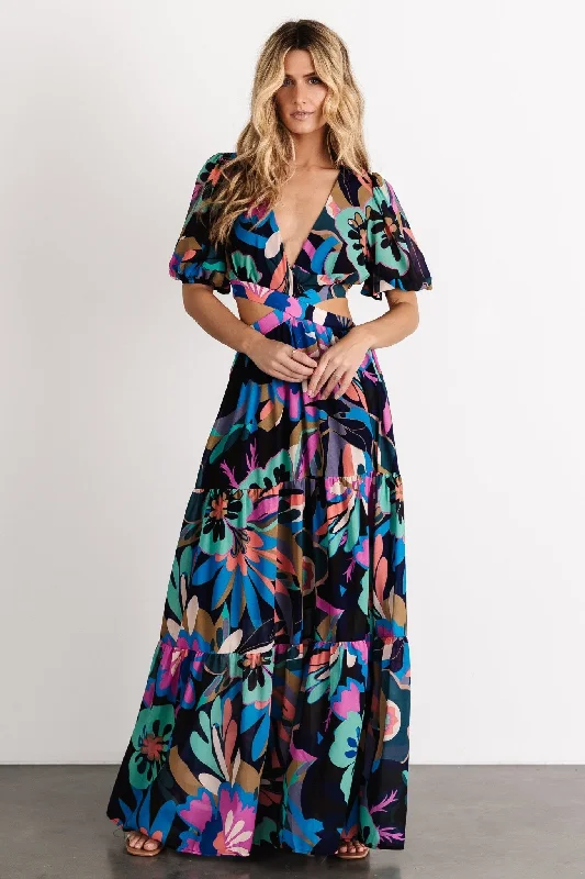 Bastina Open Back Maxi Dress | Black Print Fashionable Layered Maxi Dress