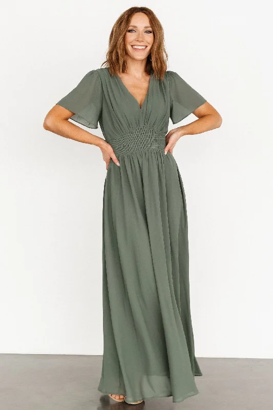 Birdie Maxi Dress | Dark Sage Trendy Maxi Dress with Belt