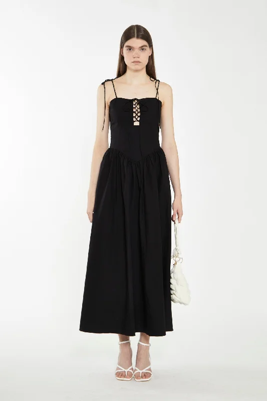 Black Lace-Up Bodice Maxi Dress Cozy Open-Back Maxi Dress