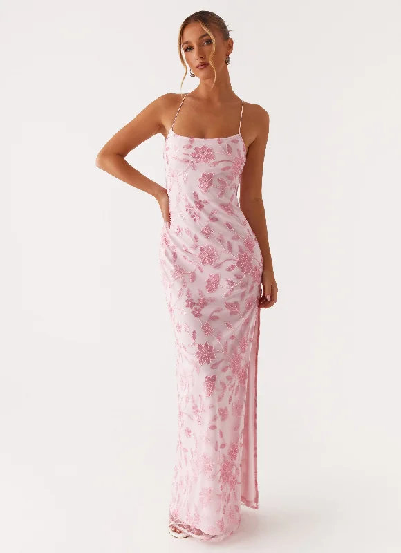 Bright Lights Beaded Maxi Dress - Pink Trendy Satin Maxi Dress