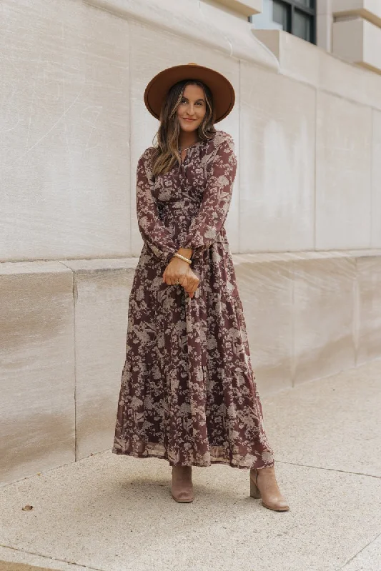 Brown Floral Long Sleeve Maxi Dress Stylish Long Sleeve Maxi Dress