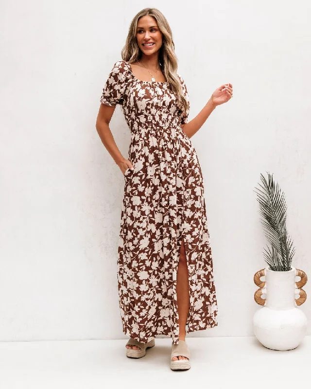 Brown Floral Print Slit Maxi Dress - FINAL SALE Cozy Ruffle Sleeve Maxi Dress