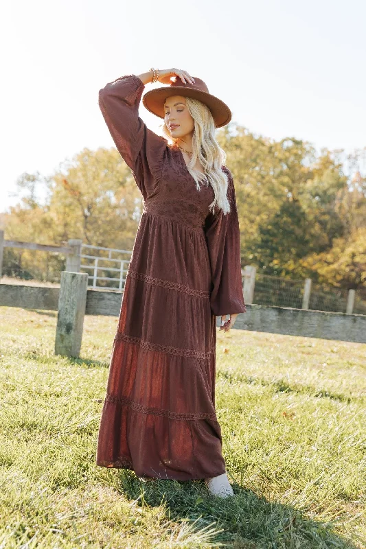 Brown V Neck Embroidered Maxi Dress Classic A-Line Maxi Dress