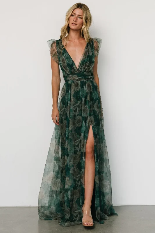 Carmine Maxi Dress | Green Floral Elegant Wraparound Maxi Dress