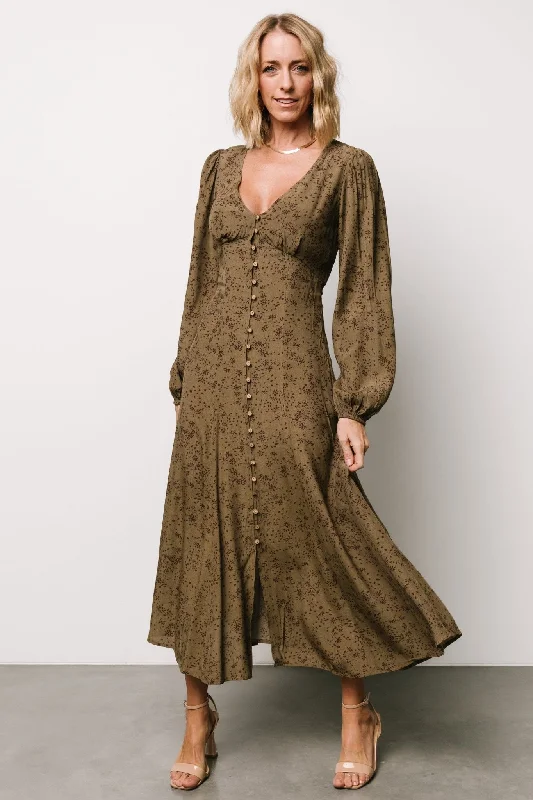 Claudine Maxi Dress | Olive Print Fashionable Faux Wrap Maxi Dress