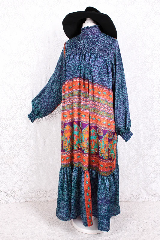 Mona Maxi Dress - Vintage Indian Sari - Violet, Turquoise & Peach Nouveau - Free Size Trendy Satin Maxi Dress