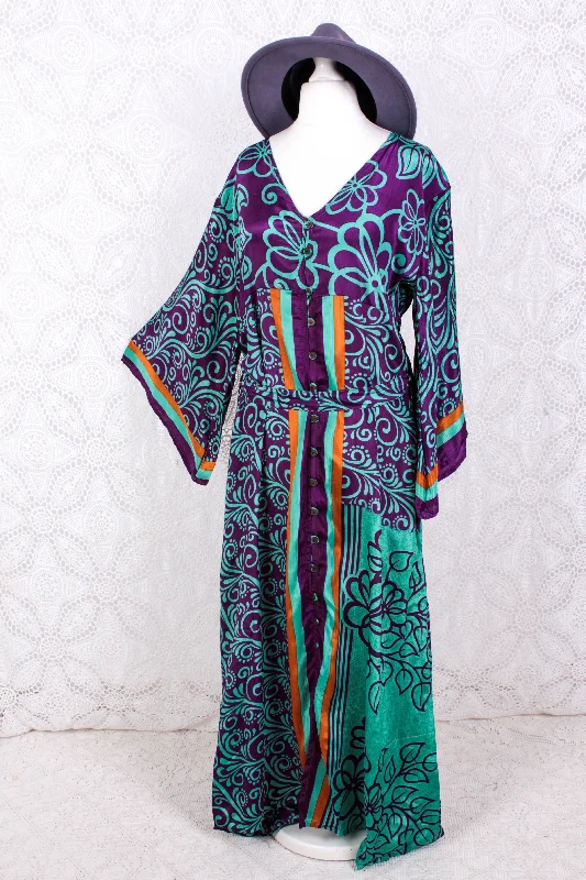 Jasmine Maxi Dress - Purple & Jade Vintage Sari - Size M/L Trendy Ruffled Maxi Dress