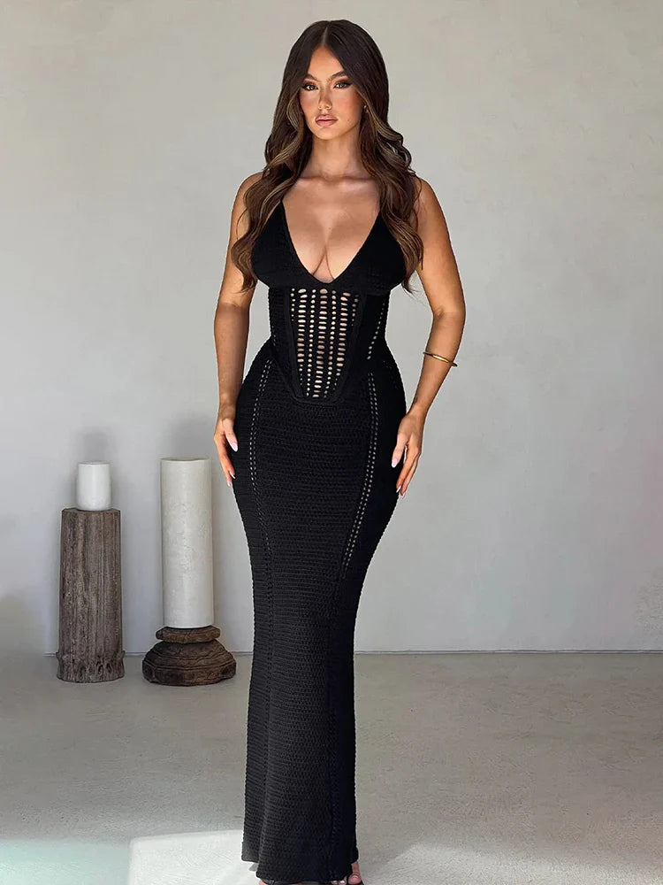 Knitted Bodycon Spaghetti Strap Spring Summer Backless Nightclub Sexy Party Maxi Dress Cozy Knitted Maxi Dress