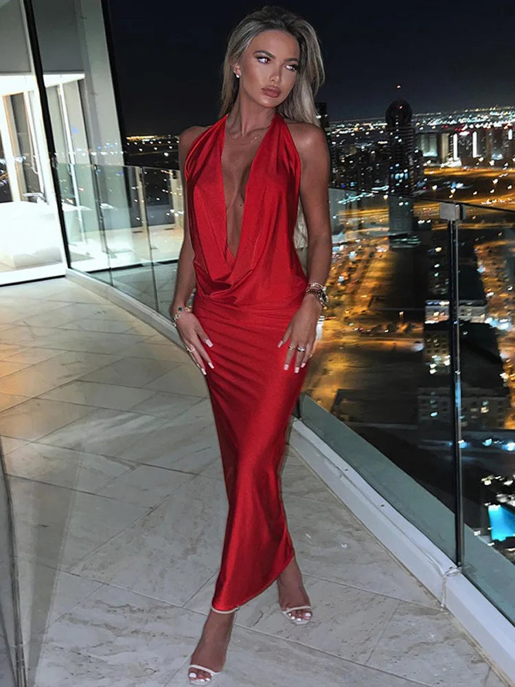 Bodycon Midi Long Spring Summer Halter Deep V Neck Backless Nightclub Sexy Party Maxi Dress Cozy Ribbed Maxi Dress