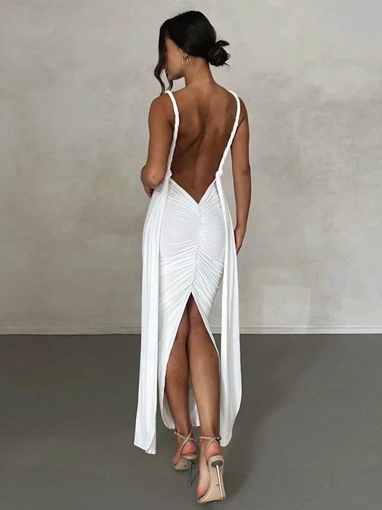 Long Deep V Neck Slim Bandage Bodycon Backless Nightclub Sexy Party Maxi Dress Comfortable Ruffle Hem Maxi Dress