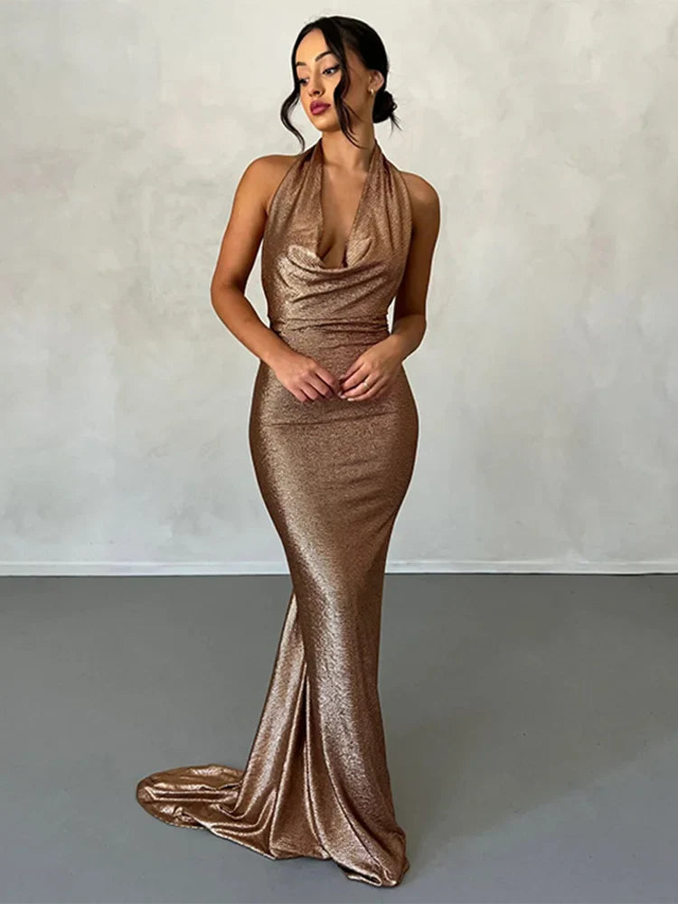 Temperament Bodycon Elegant Mermaid Sexy Party Halter Backless Long Maxi Dress Elegant Maxi Dress with Drapes