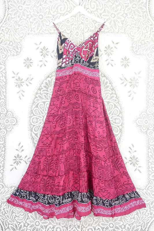 Delilah Maxi Dress - Blazing Pink & Black Graphic Print - Vintage Sari - Free Size M/L Elegant Maxi Dress with Lace