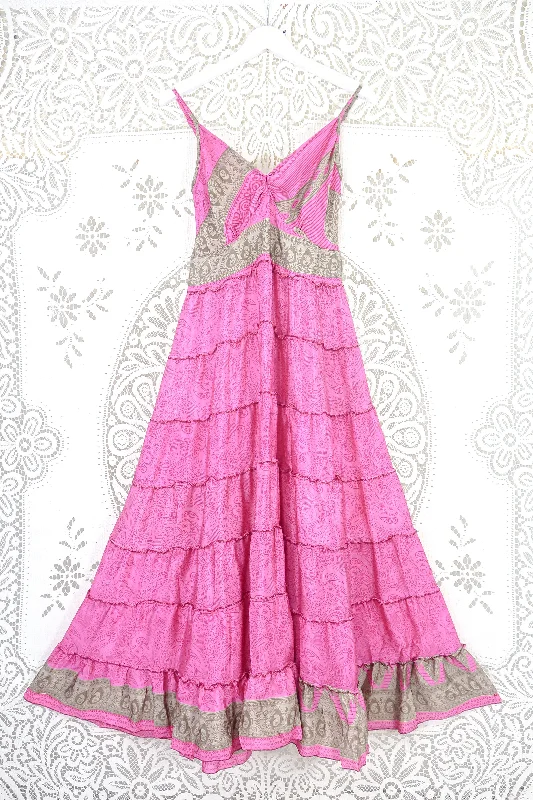 Delilah Maxi Dress - Bright Magenta Pink Paisley - Vintage Sari - Free Size M/L Elegant Pleated Maxi Dress