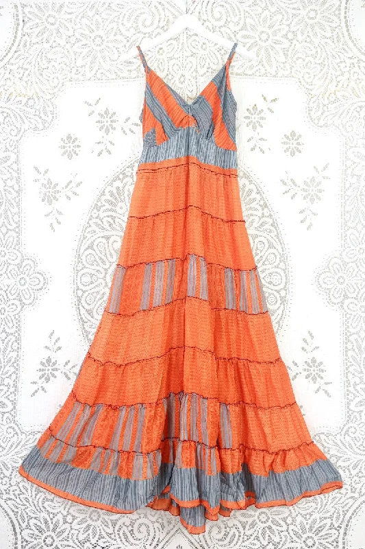 Delilah Maxi Dress - Bright Orange & Grey Stripes - Vintage Sari - Free Size L Elegant Wraparound Maxi Dress