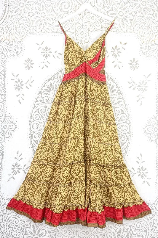 Delilah Maxi Dress - Daffodil Yellow & Wood Paisley - Vintage Sari - Free Size S Trendy Floral Print Maxi Dress