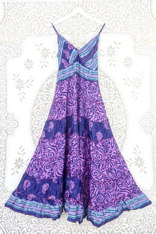 Delilah Maxi Dress - Midnight Violet & Lilac Shimmer - Vintage Sari - Free Size M/L Trendy Off-Shoulder Ruffle Maxi Dress