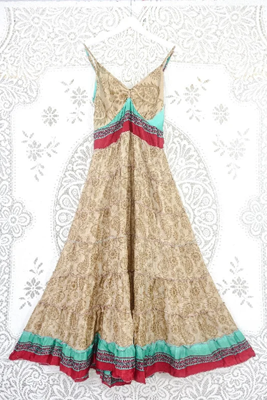 Delilah Maxi Dress - Sand & Seafoam Floral Paisley - Vintage Sari - Free Size L Elegant Maxi Dress with Ruffles