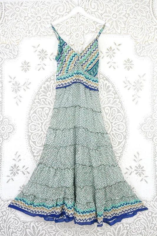 Delilah Maxi Dress - Spearmint & White Floral Motif - Vintage Sari - Free Size M/L Elegant Maxi Dress with Pockets