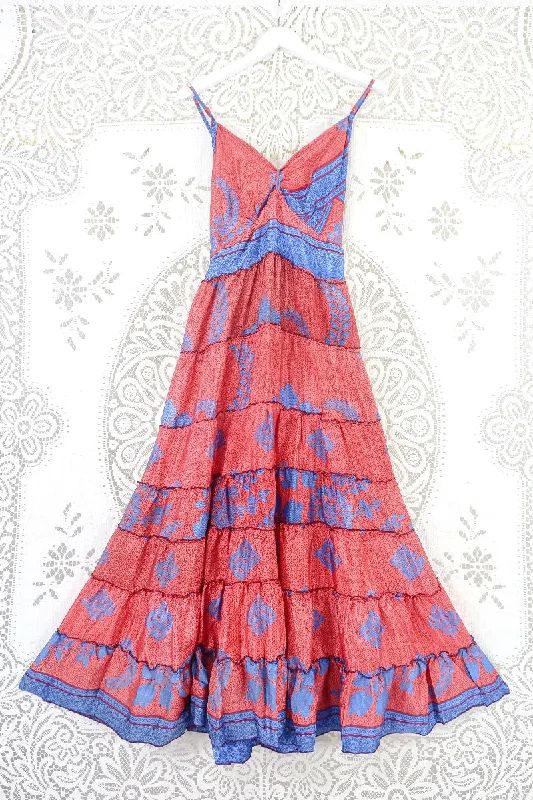 Delilah Maxi Dress - Sweet Red & Sky Blue - Vintage Sari - Free Size S Trendy Printed Maxi Dress